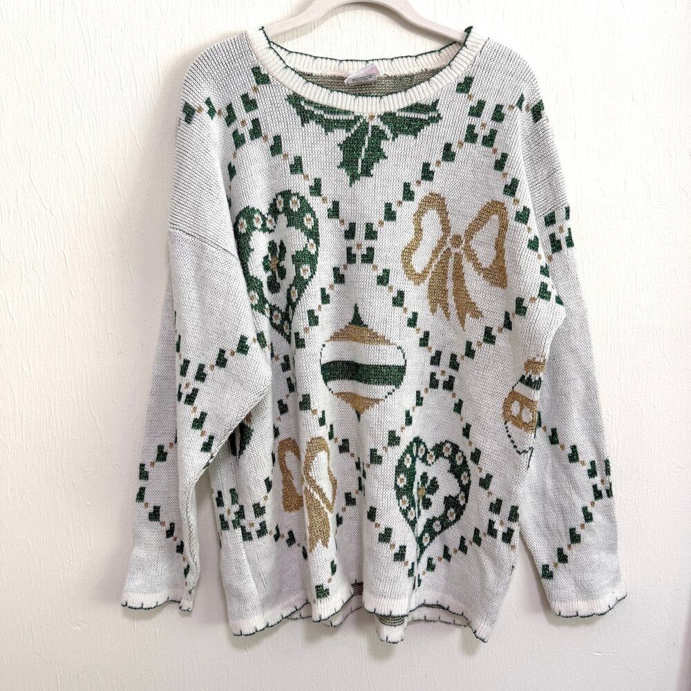 Vintage Christmas Holiday Knit Sweater L White Metallic Bow Heart Festive Glam